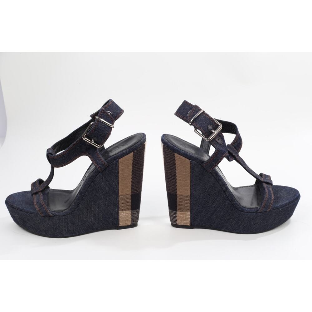 Burberry Navy Denim Buckle Ankle T-Strap Wedge Sandals Designer Shoes Size 38.5 - Picture 11 of 16